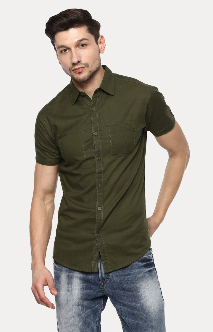 Spykar Men'S Green Cotton Solid Casual Shirts