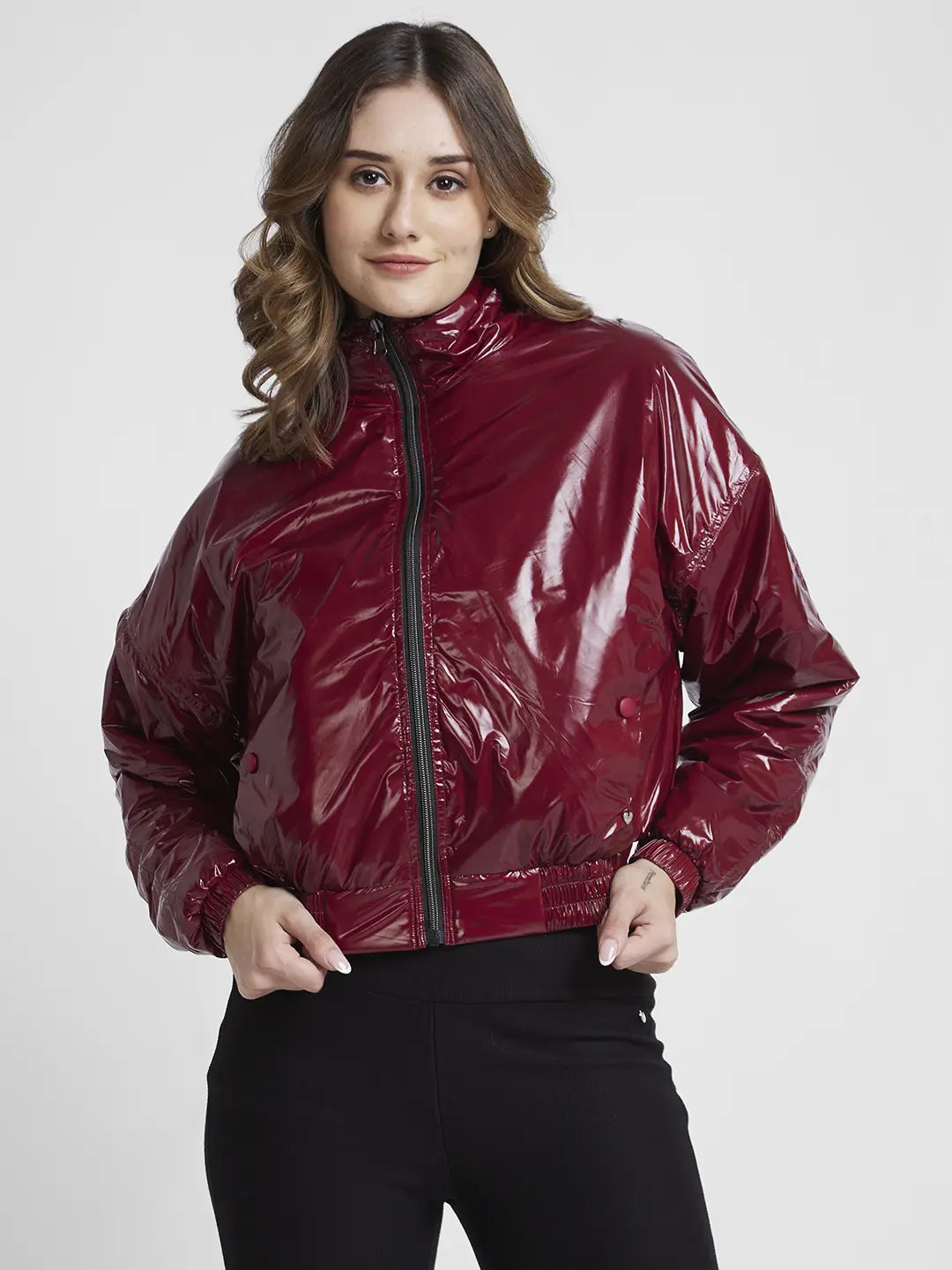 Spykar Women Maroon Slim Fit High Neck Plain Crop Jacket