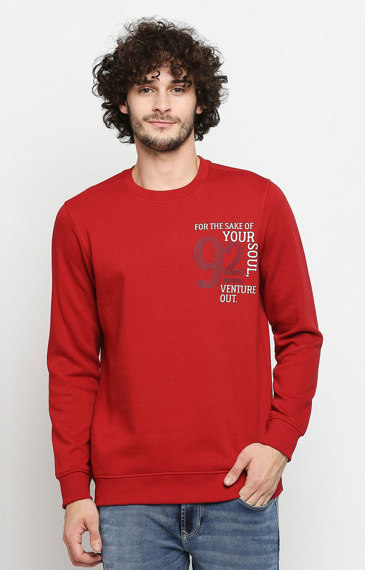 Spykar Men Red Cotton Regular Fit Sweatshirt