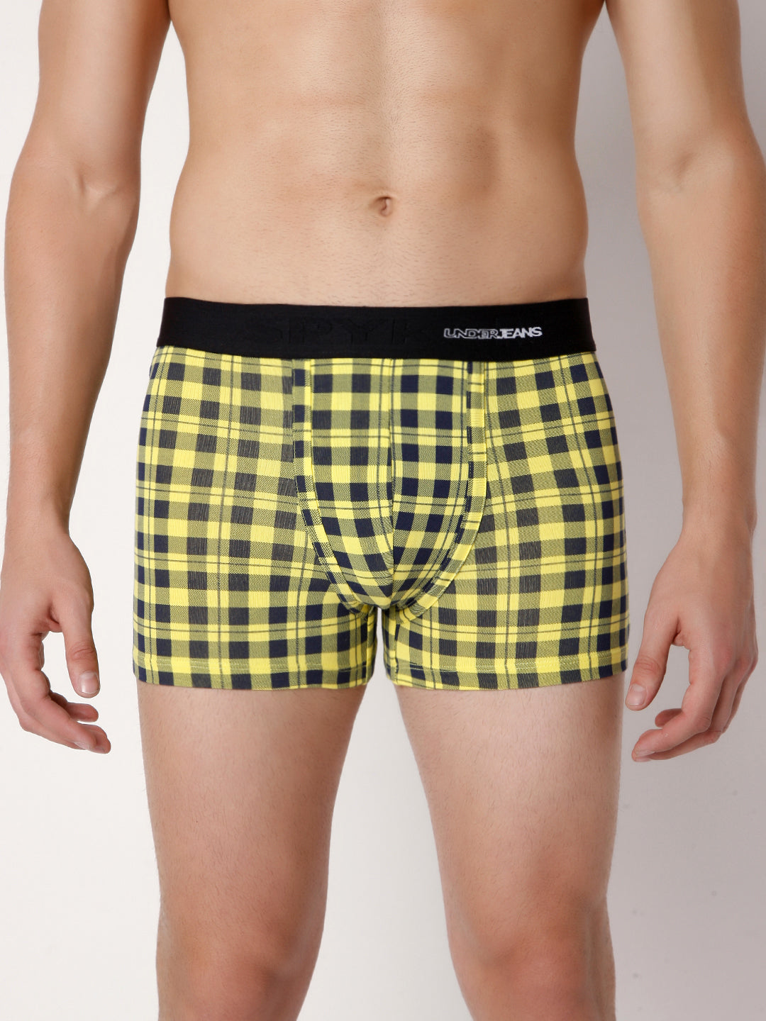 Men Premium Yellow Check Cotton Blend Trunk- Underjeans By Spykar