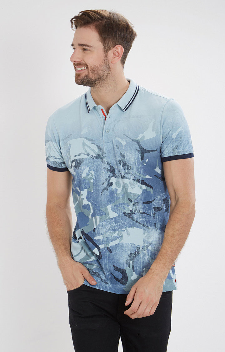 Spykar Sky Blue Printed Slim Fit Polo T-Shirt