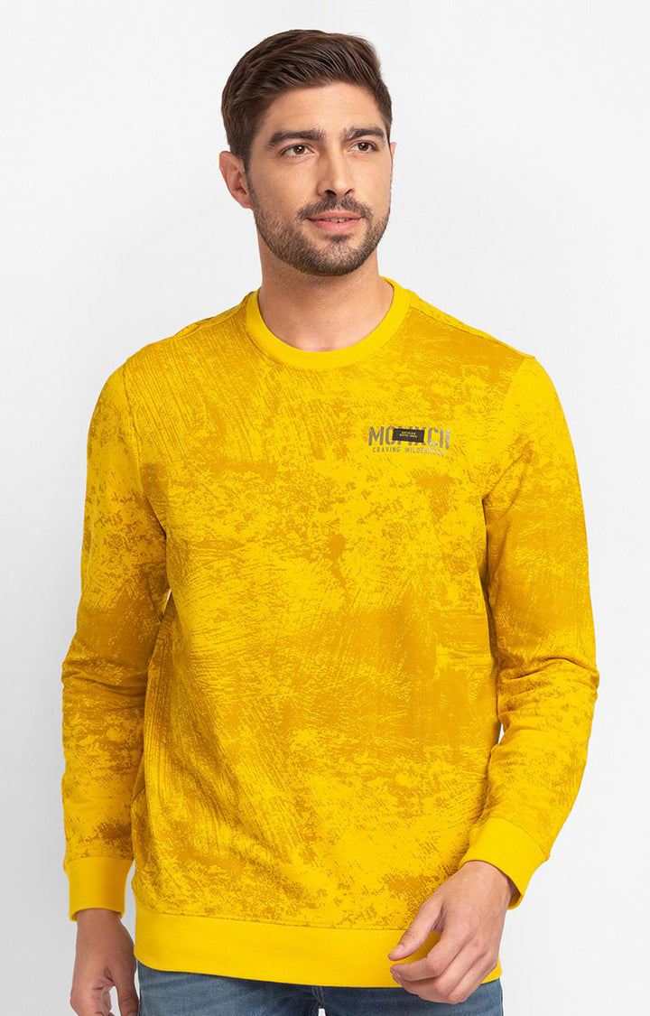 Spykar Sulphur Yellow Cotton Full Sleeve Round Neck Sweatshirt For Men