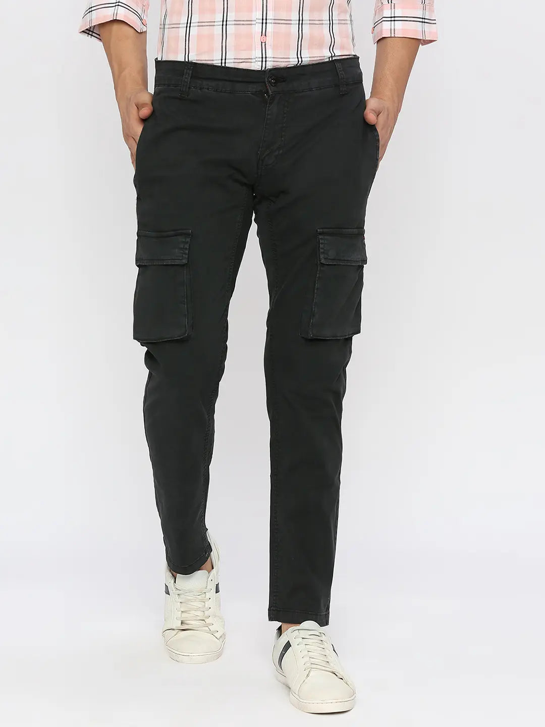 Spykar Men Black Lycra Slim Fit Ankle Length Plain Trousers