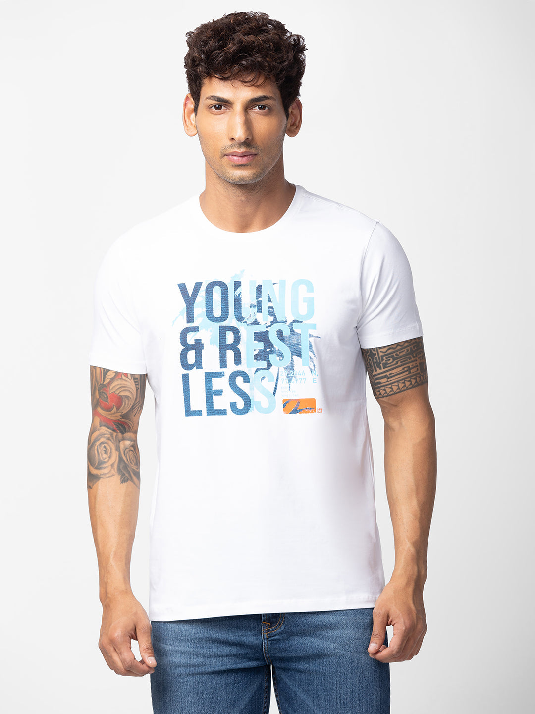 Spykar Men White Cotton Regular Fit Half Sleeve Printed T-Shirt