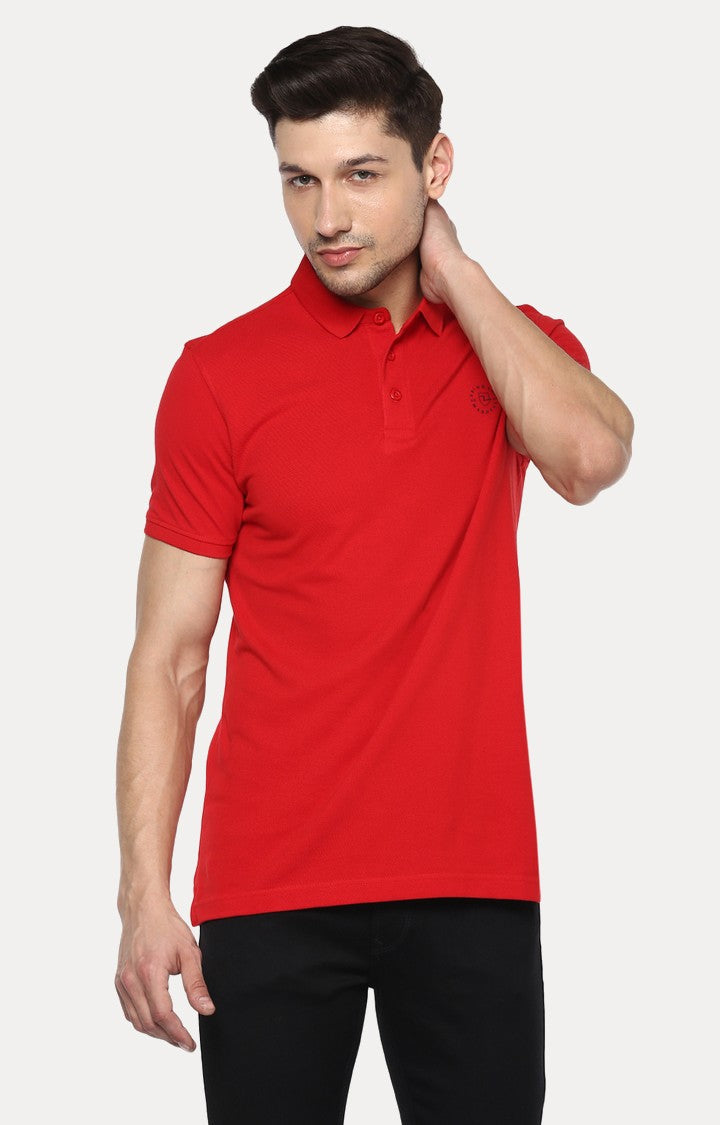 Spykar Red Solid Slim Fit Polo T-Shirt