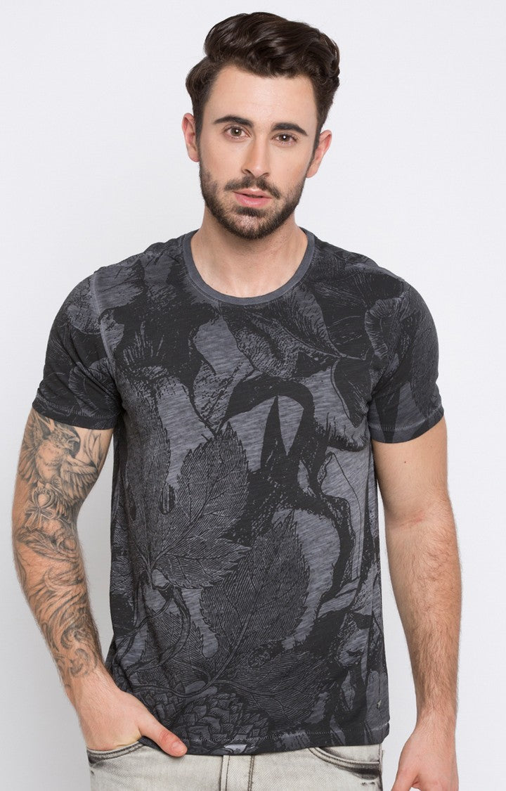 Spykar Grey Printed Slim Fit Men T-Shirts