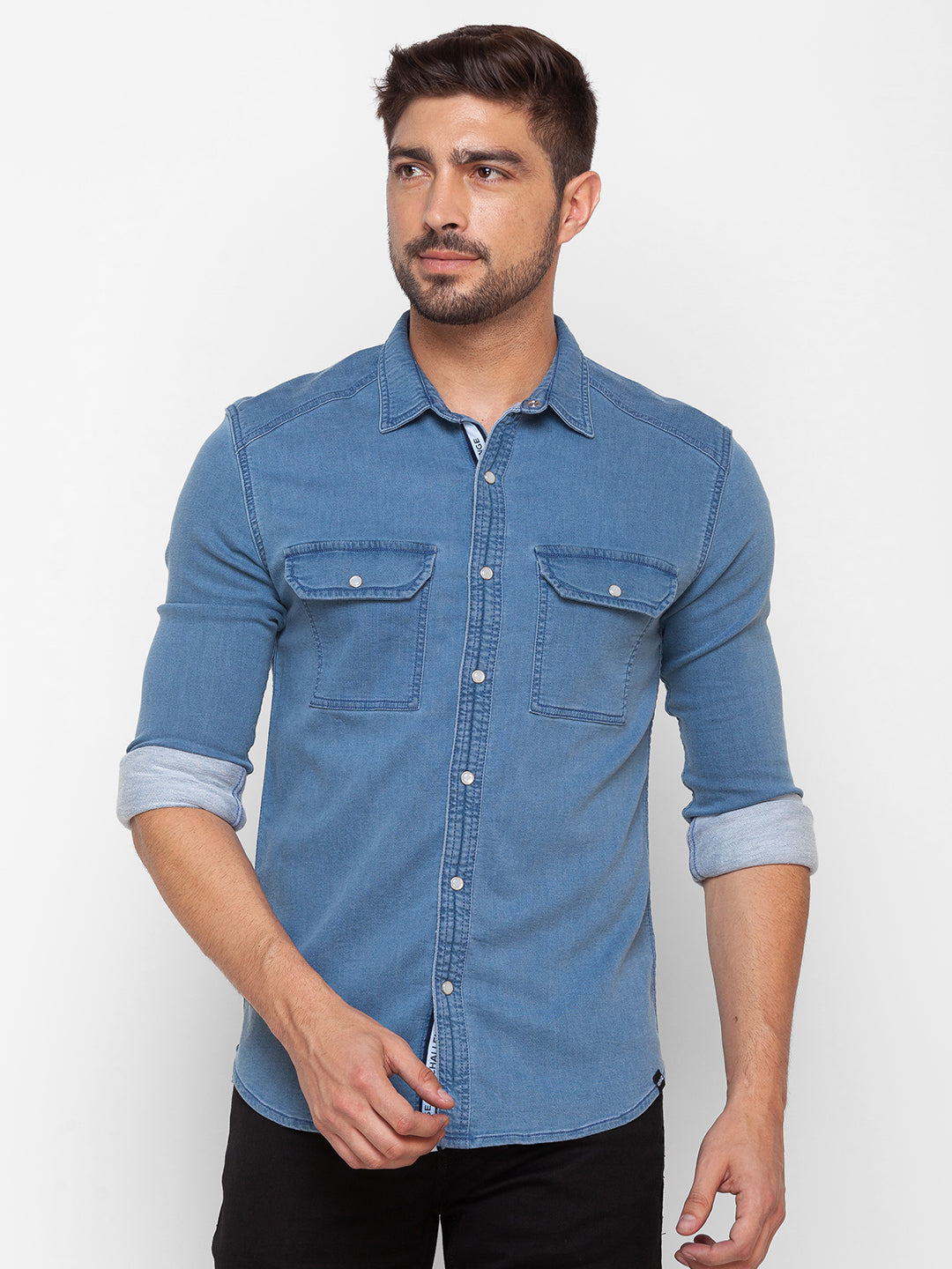 Spykar Mid Blue Cotton Full Sleeve Denim Shirt For Men