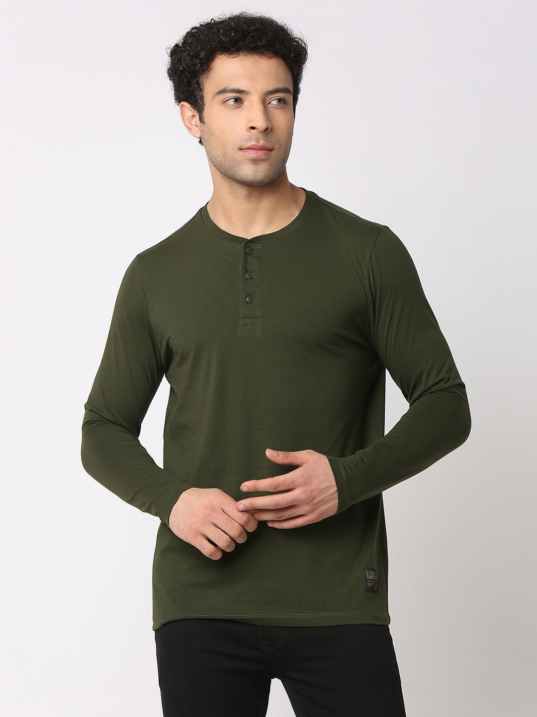 Spykar Men Rifle Green Cotton Slim Fit Henley Neck Plain T-Shirt