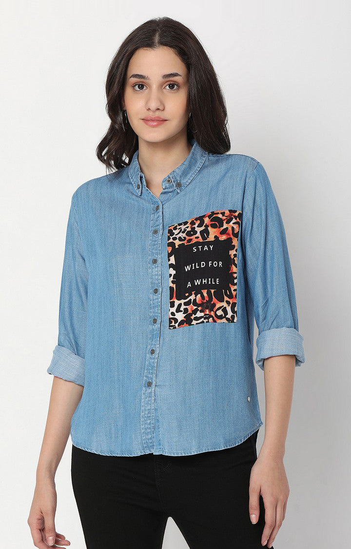 Spykar Women Ice Blue Cotton Full Sleeve Denim Shirts