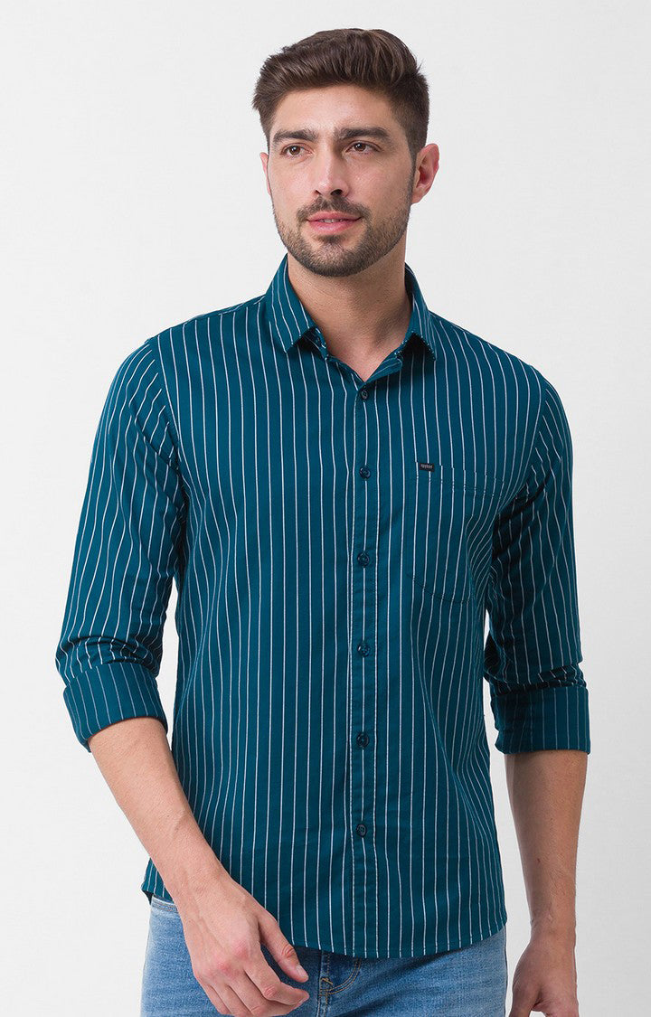 Spykar Teal Green Cotton Full Sleeve Stripes Shirt For Men