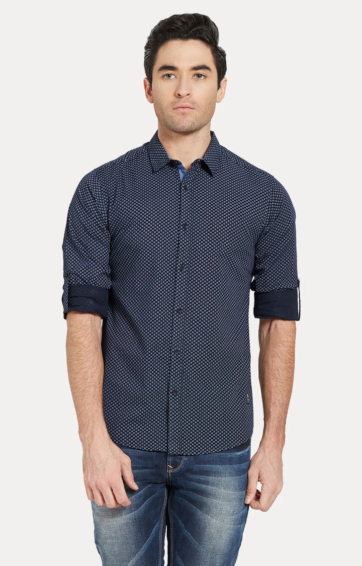 Spykar Men'S Blue Cotton Printed Casual Shirts