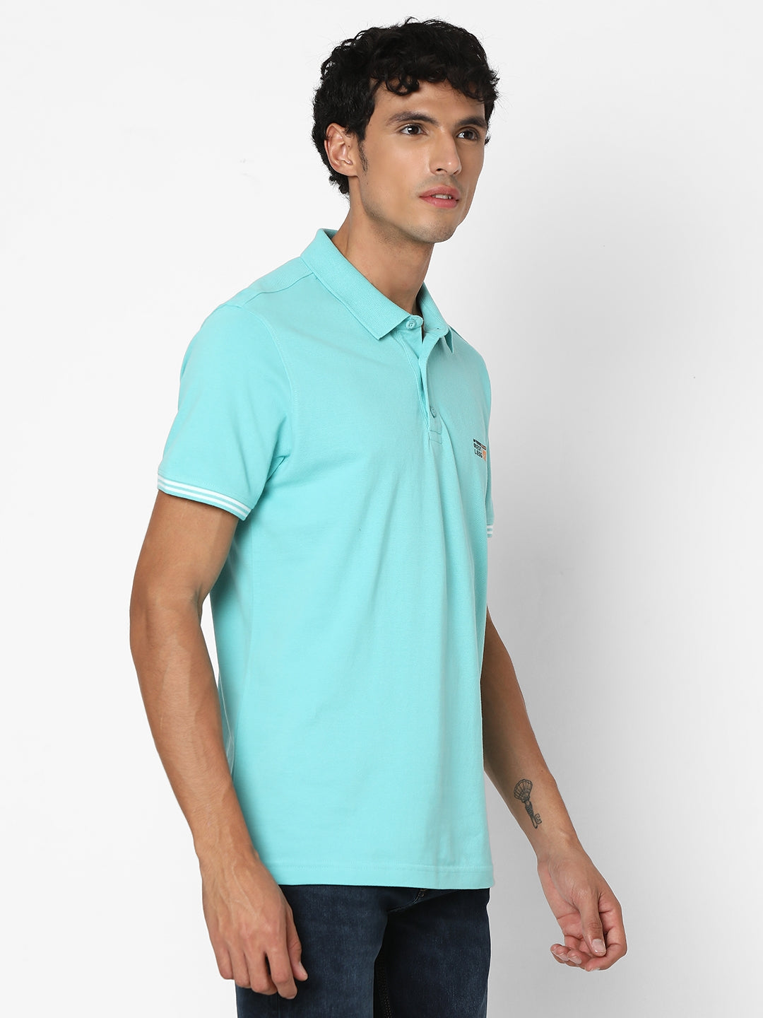 Spykar Men Cool Blue Regular Fit Half Sleeve Plain Polo Tshirt