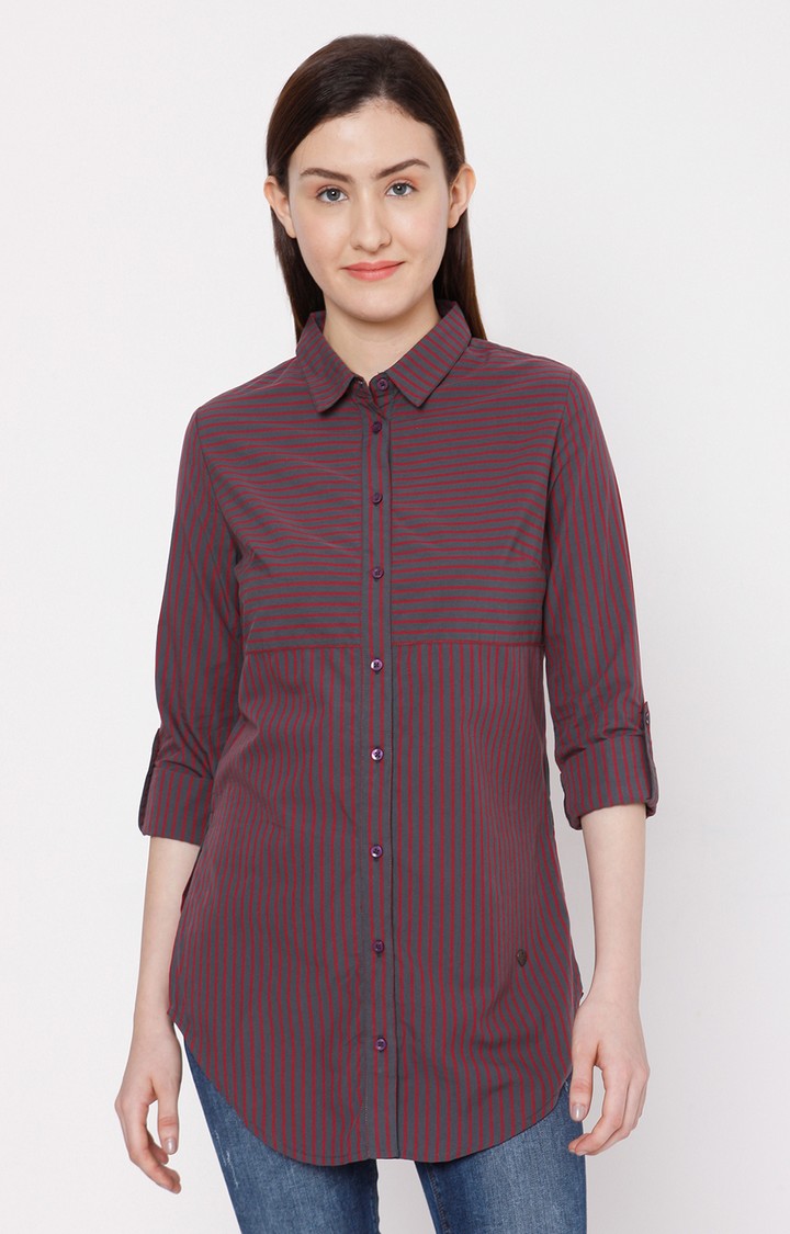 Spykar Women Mauve Cotton Regular Fit Striped Shirt