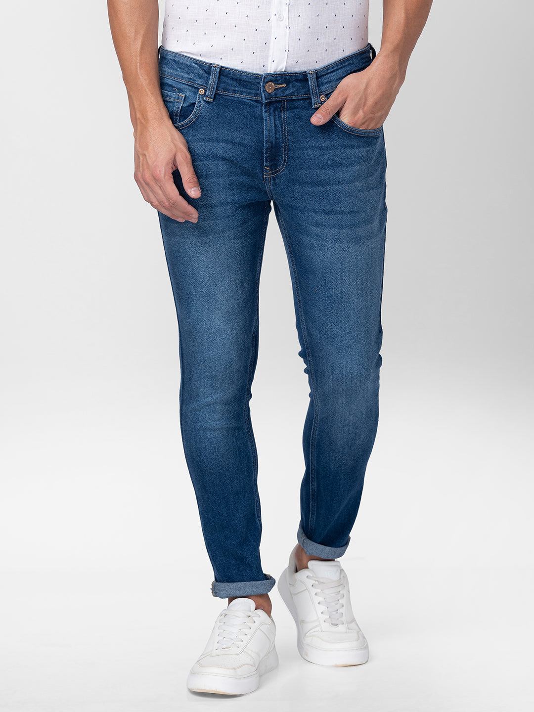 Spykar Men Mid Blue Cotton Slim Fit Tapered Length Jeans (Kano)