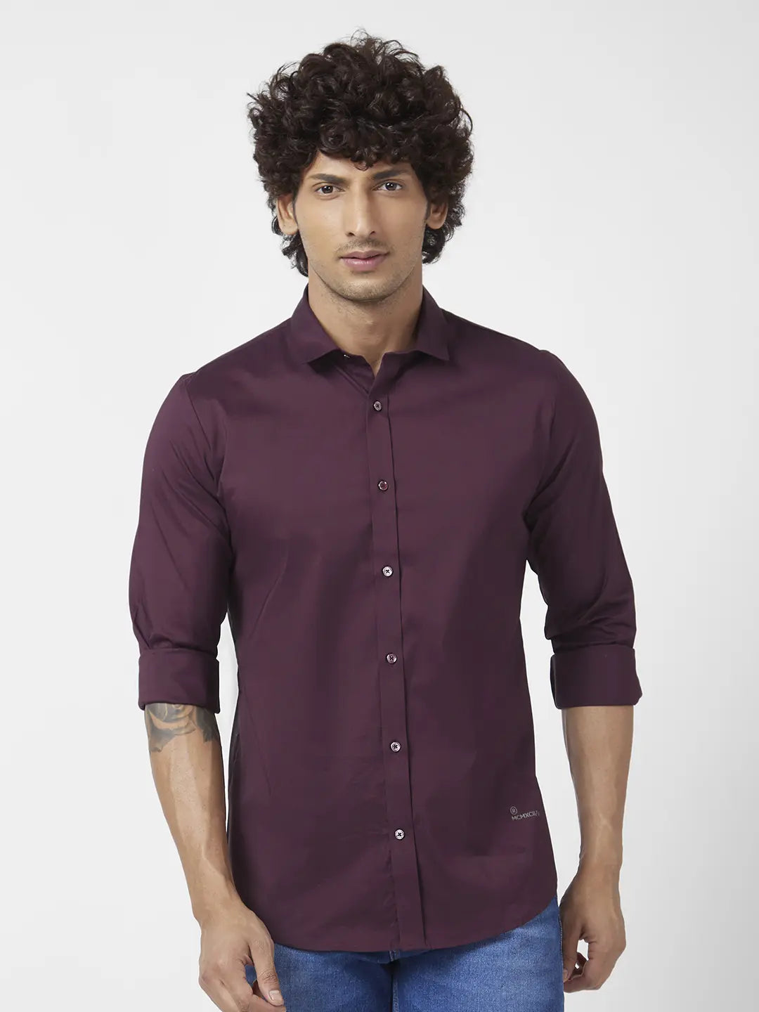 Spykar Men Wine Red Dyed Regular Slim Fit Full Sleeve Plain Shirt