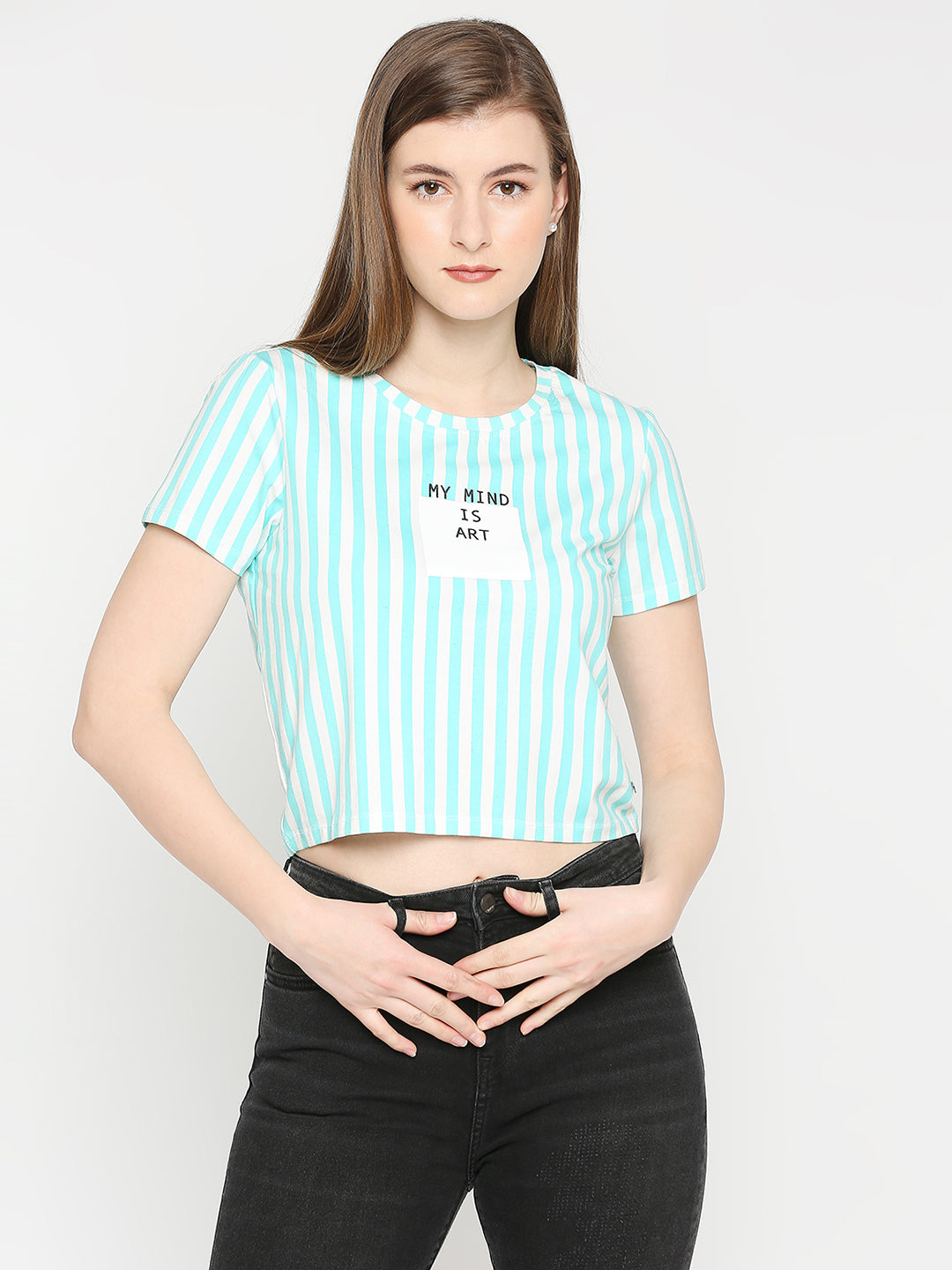 Spykar Women Sky Blue Blended Slim Fit Printed Crop Top