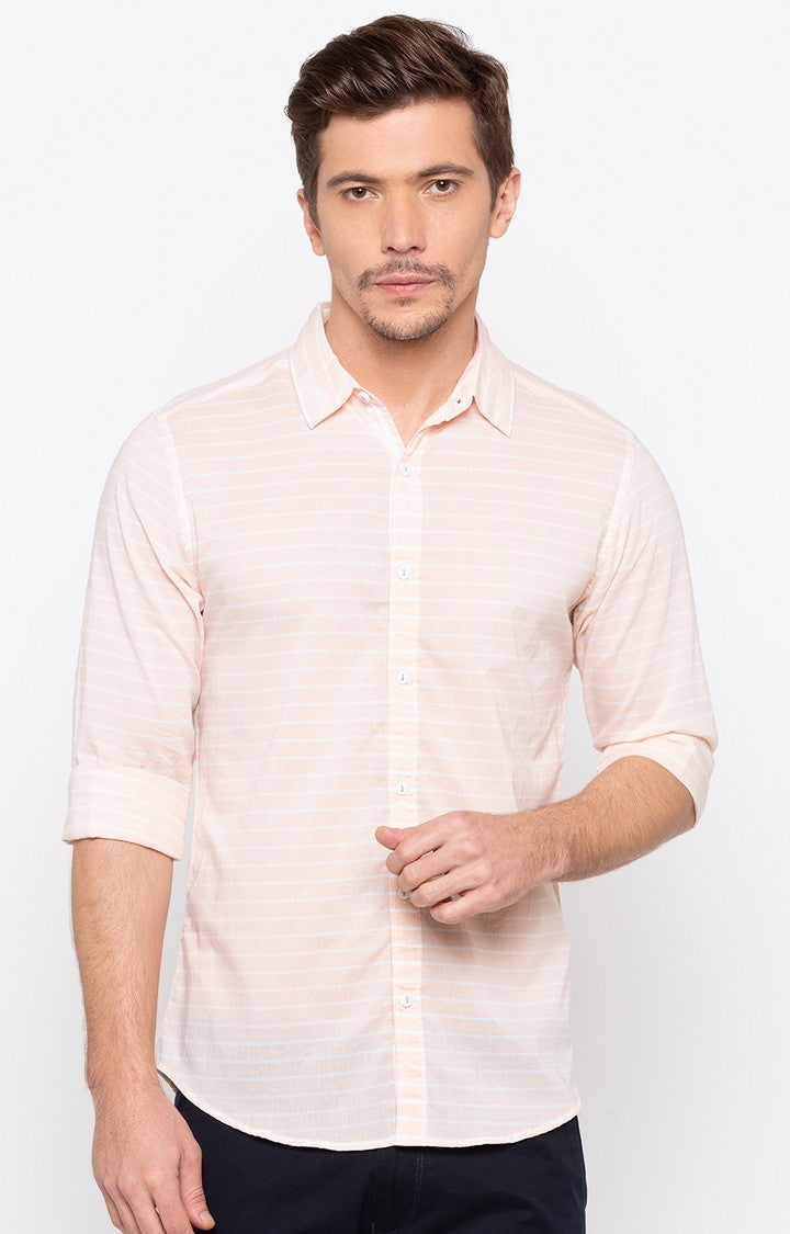 Spykar Men'S Orange Cotton Striped Casual Shirts