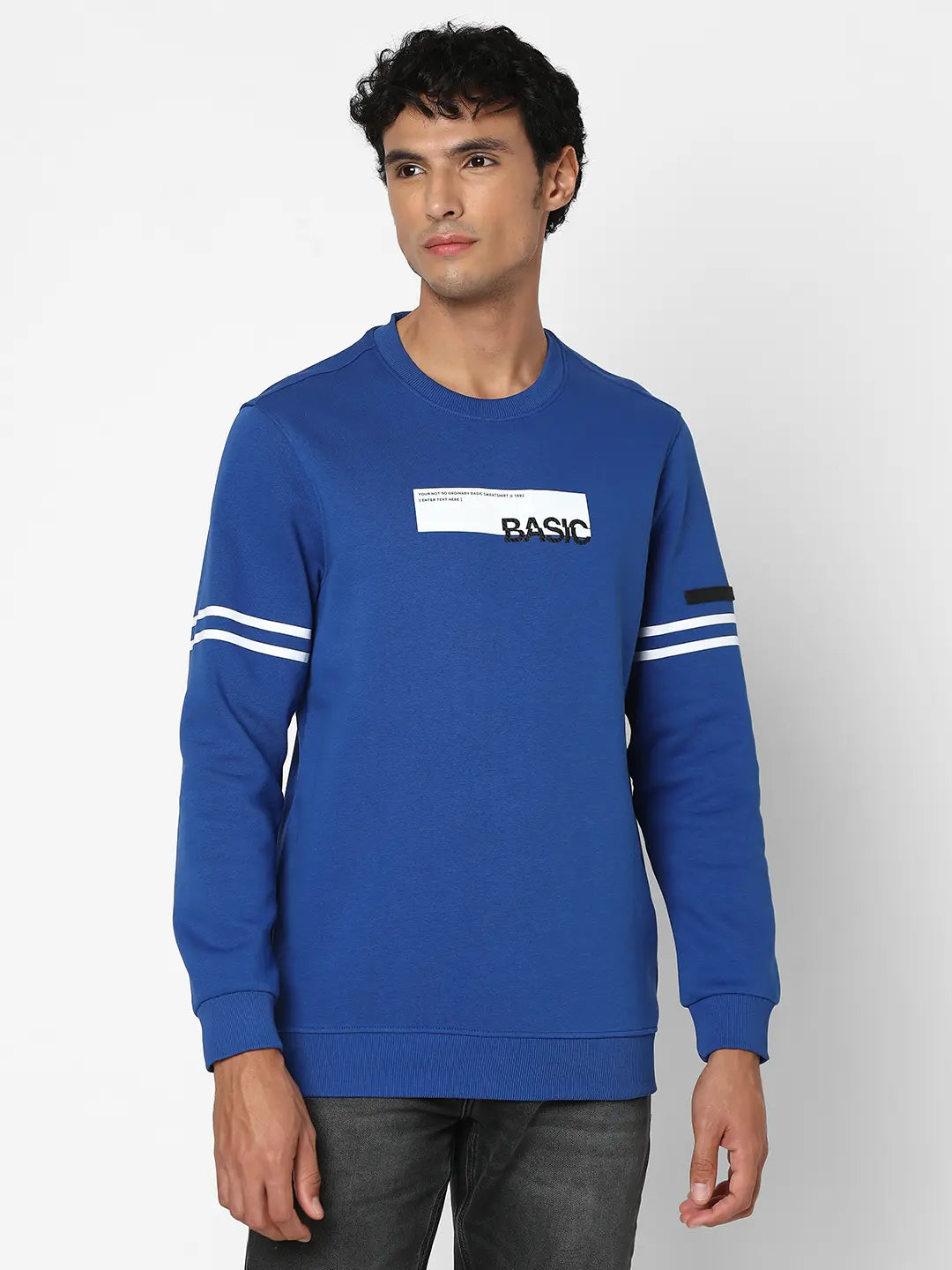 Buy Spykar Men Electric Blue Blended Slim Fit Full Sleeve Round Neck Printed Casual Sweatshirt Online