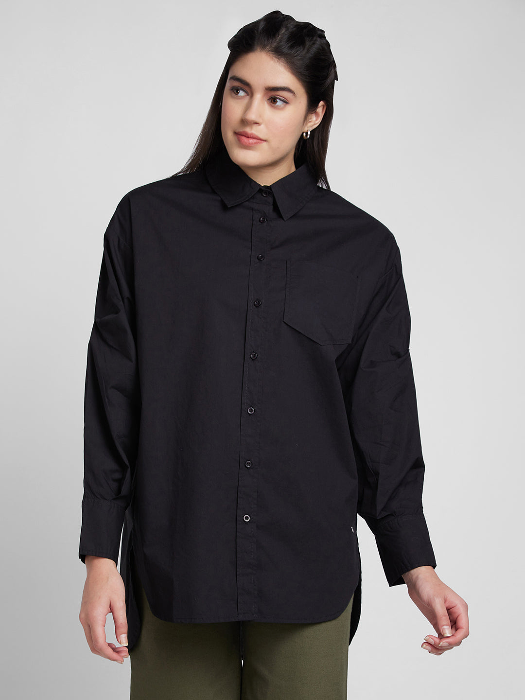 Spykar Women Black Cotton Comfort Fit Asymmetric Plain Shirts