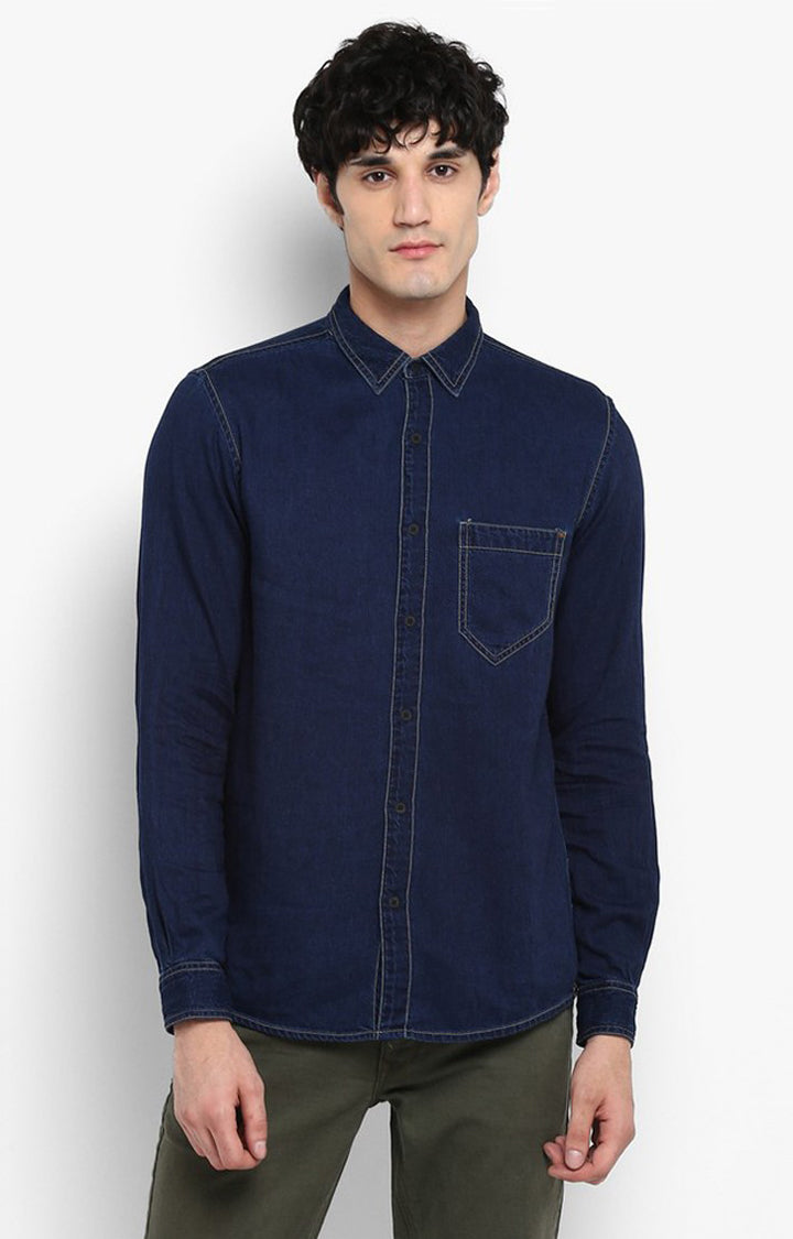 Spykar Men'S Blue Cotton Solid Casual Shirts