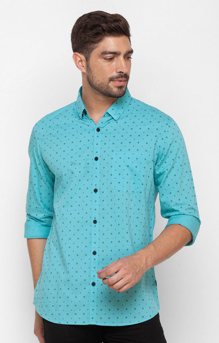 Spykar Cool Blue Cotton Full Sleeve Printed Shirt For Men