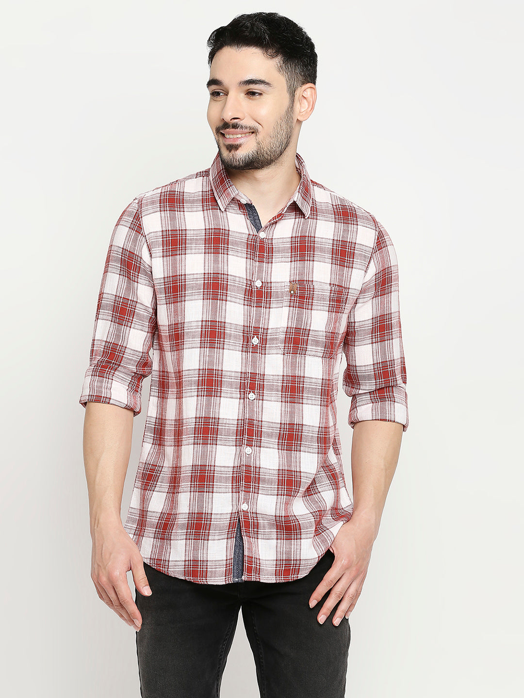 Spykar Brick Red Cotton Full Sleeve Checkered Shirt For Men