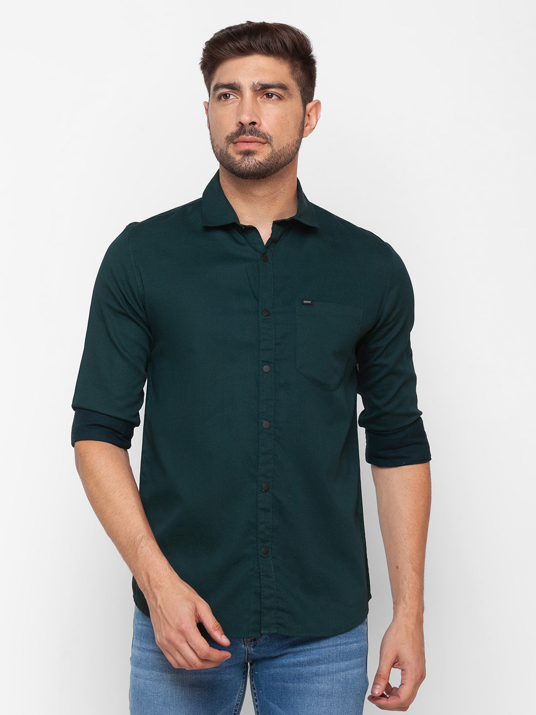 Spykar Bottle Green Satin Full Sleeve Printed Shirt For Men