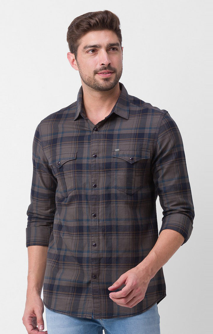 Spykar Dusty Brown Cotton Full Sleeve Checks Shirt For Men