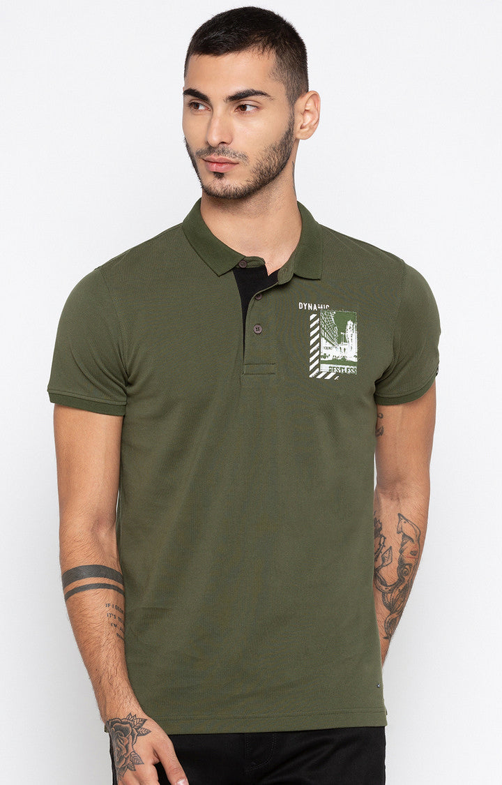 Spykar Olive Solid Slim Fit Polo T-Shirt