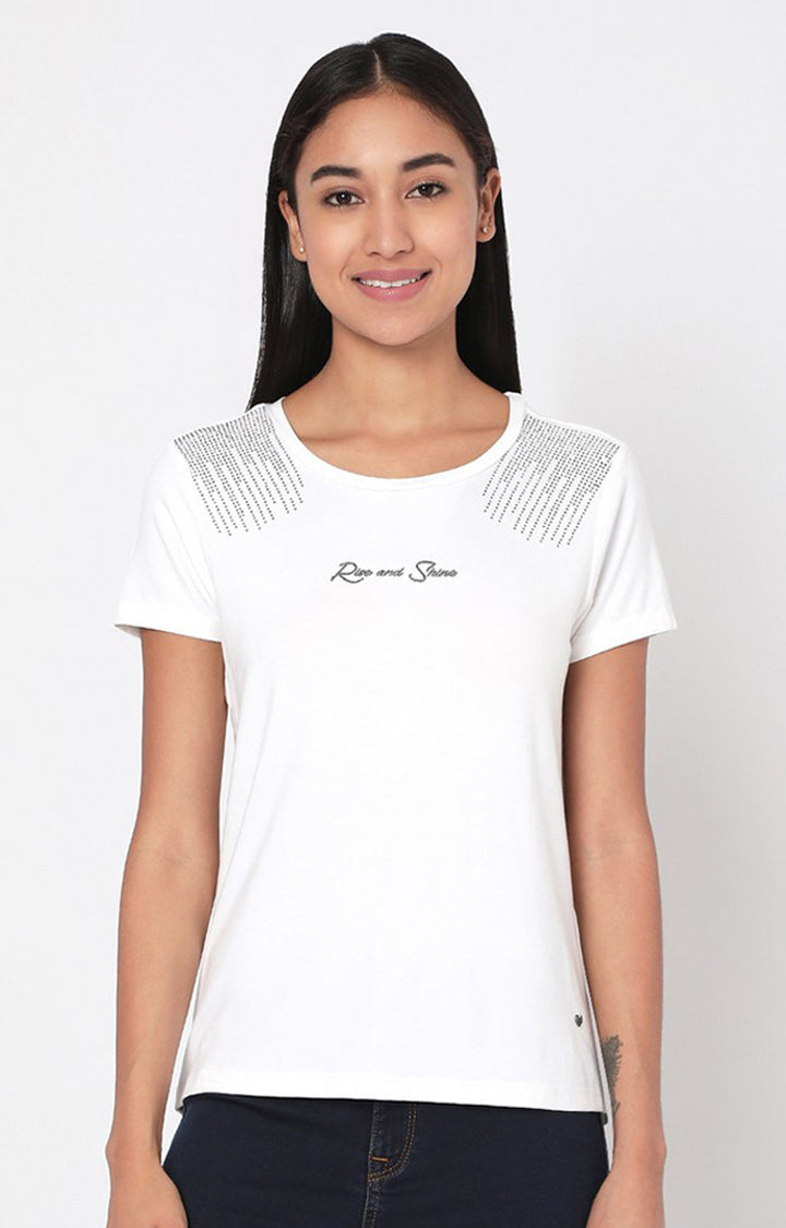 Spykar Women White Cotton Regular Round Neck T-Shirts