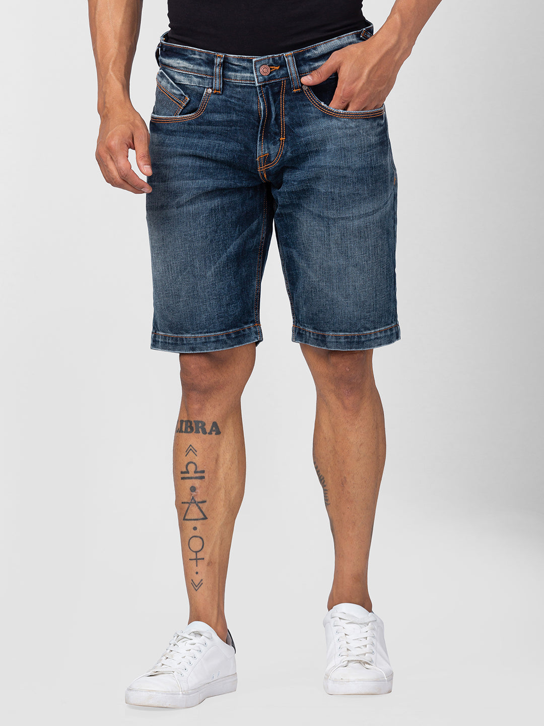 Spykar Men Vintage Blue Cotton Regular Fit Denim Shorts