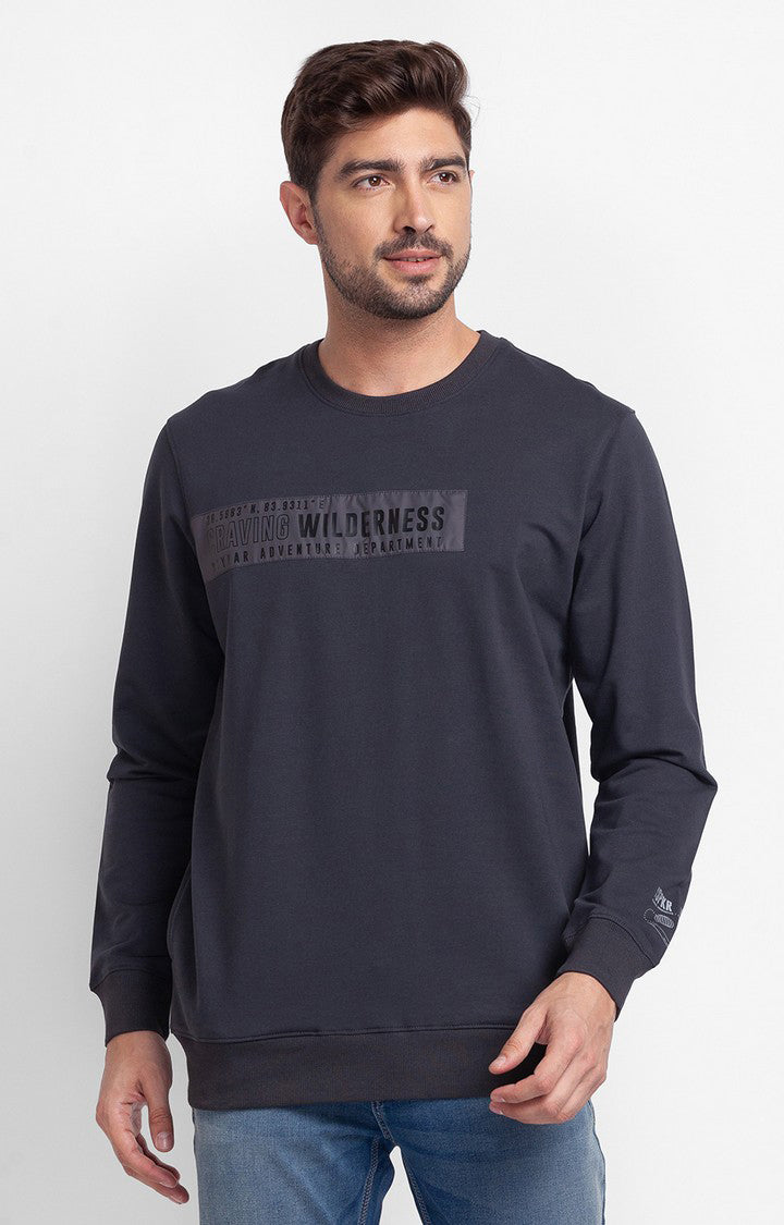 Spykar Slate Grey Cotton Full Sleeve Round Neck Sweatshirt For Men