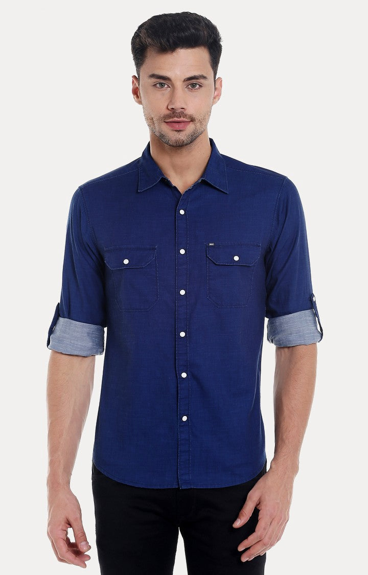 Spykar Men'S Blue Cotton Solid Casual Shirts