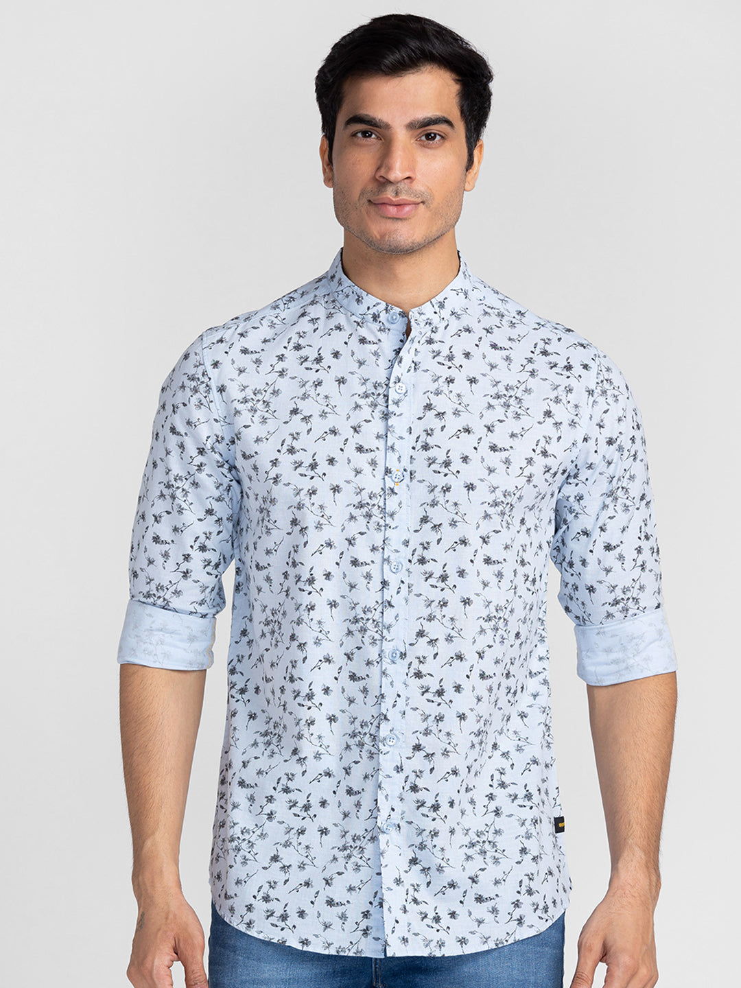 Spykar Men Sky Blue Cotton Slim Fit Floral Print Shirts