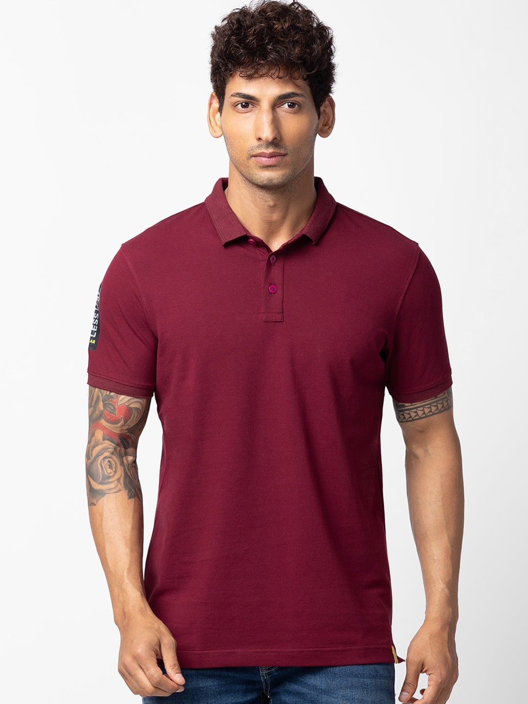 Spykar Men Wine Cotton Regular Fit Half Sleeve Plain Polo T-Shirt