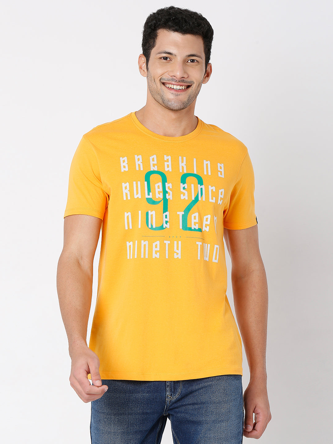 Spykar Gold Yellow Cotton Half Sleeve Printed Casual T-Shirt For Men