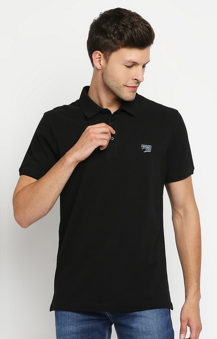 Spykar Men Black Cotton Printed Half Sleeve Polo T-Shirt