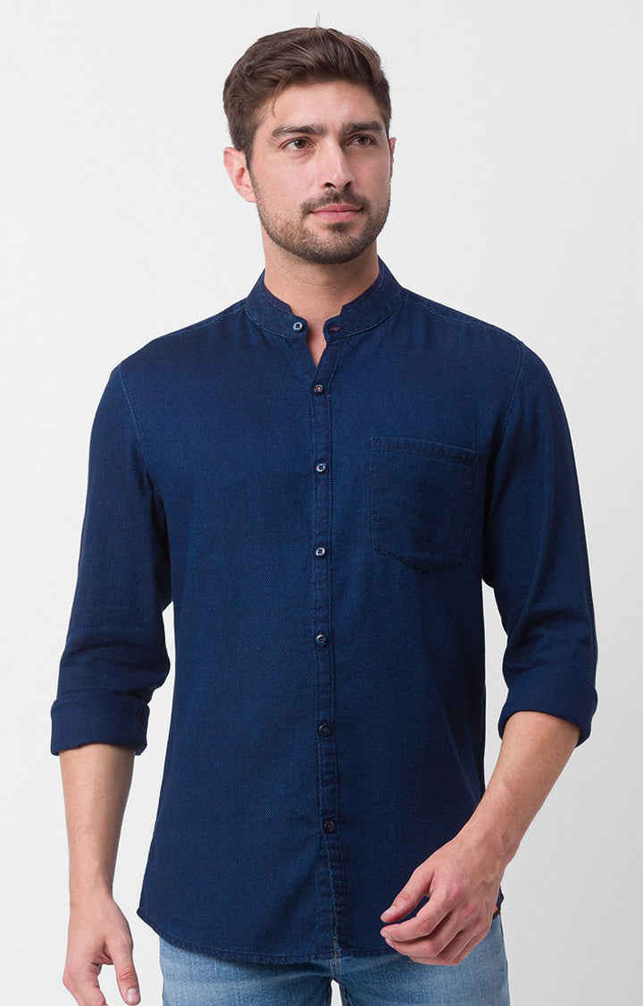 Spykar Dark Blue Cotton Full Sleeve Denim Shirt For Men