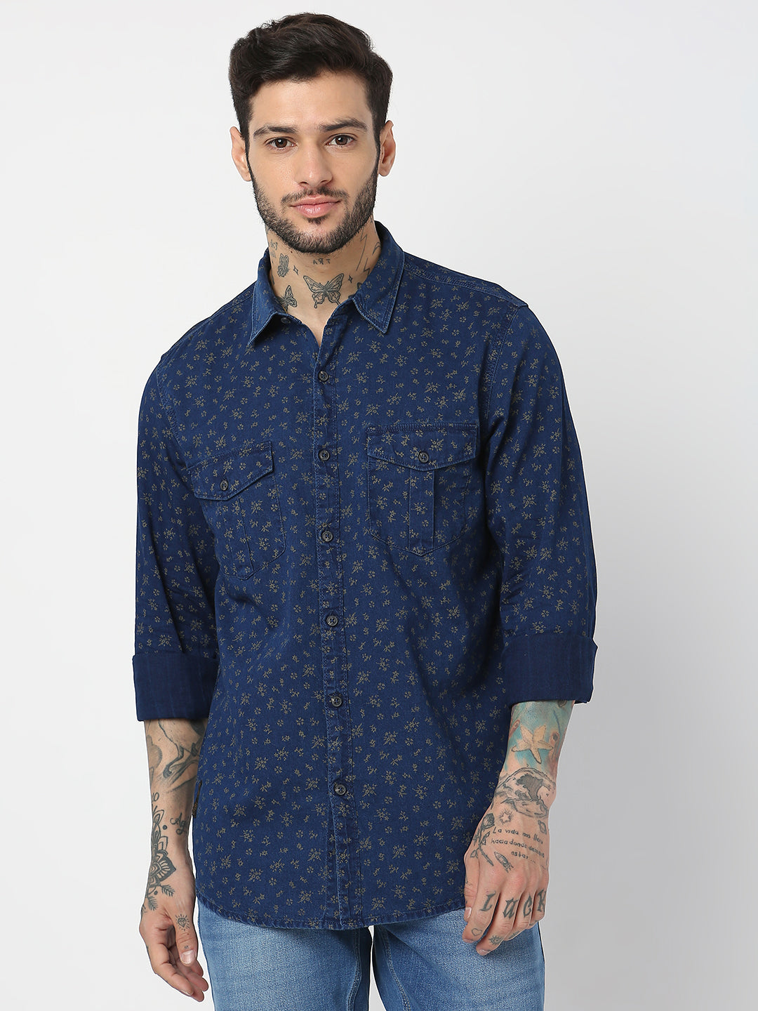 Spykar Men Indigo Blue/Khaki Cotton Slim Fit Printed Shirts