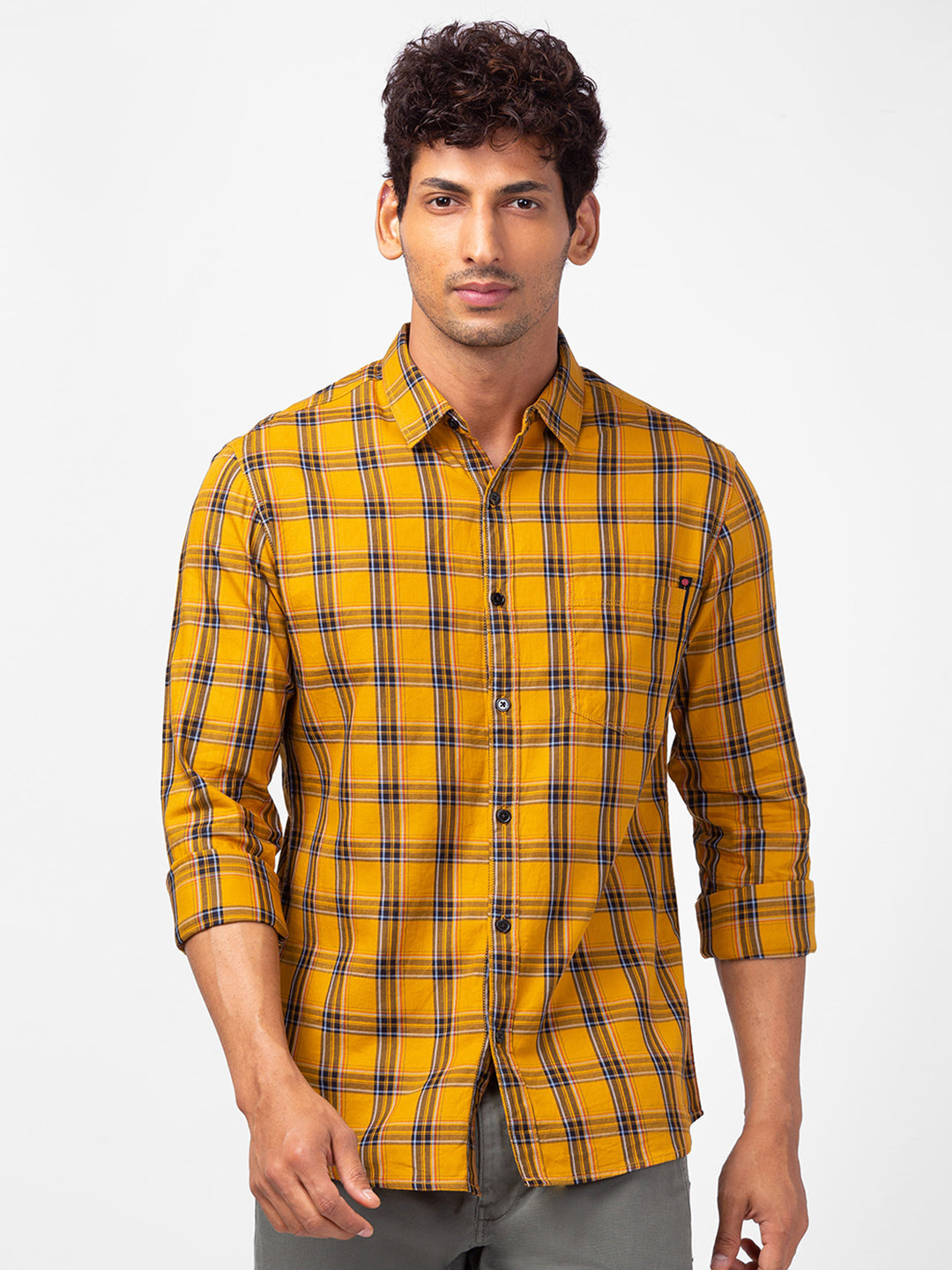 Spykar Men Golden Khaki Cotton Regular Fit Checkered Shirts