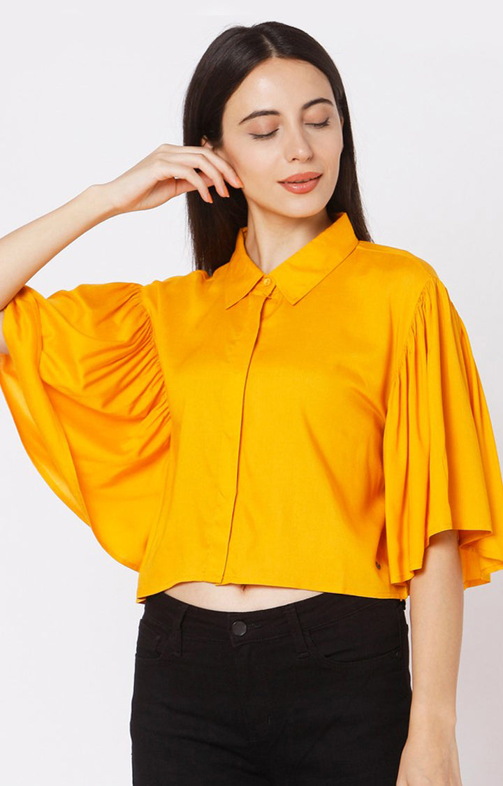 Spykar Slim Fit Mustard Yellow Cotton Women Shirt