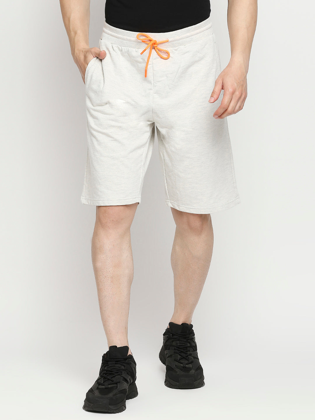 Men Premium Cotton Blend Knitted Ecru Melange Shorts - Underjeans By Spykar