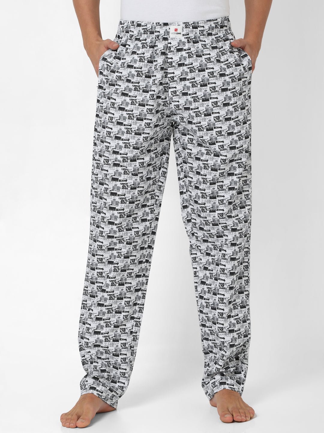 Men Premium White & Grey Cotton Printed Pyjama Underjeans By Spykar