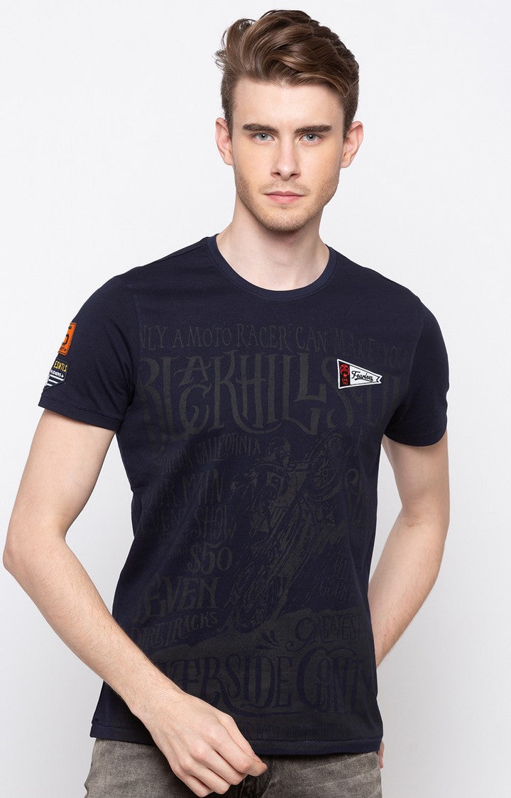 Spykar Navy Printed Slim Fit Men T-Shirts