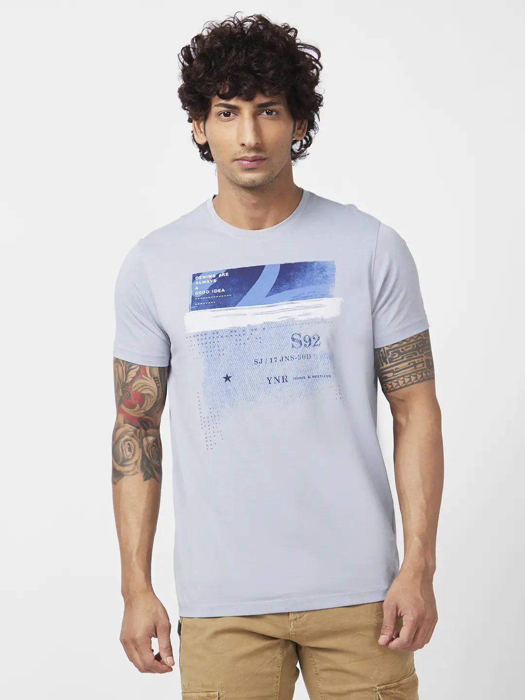 Spykar Men Grey Blended Slim Fit Half Sleeve Round Neck Printed Tshirt