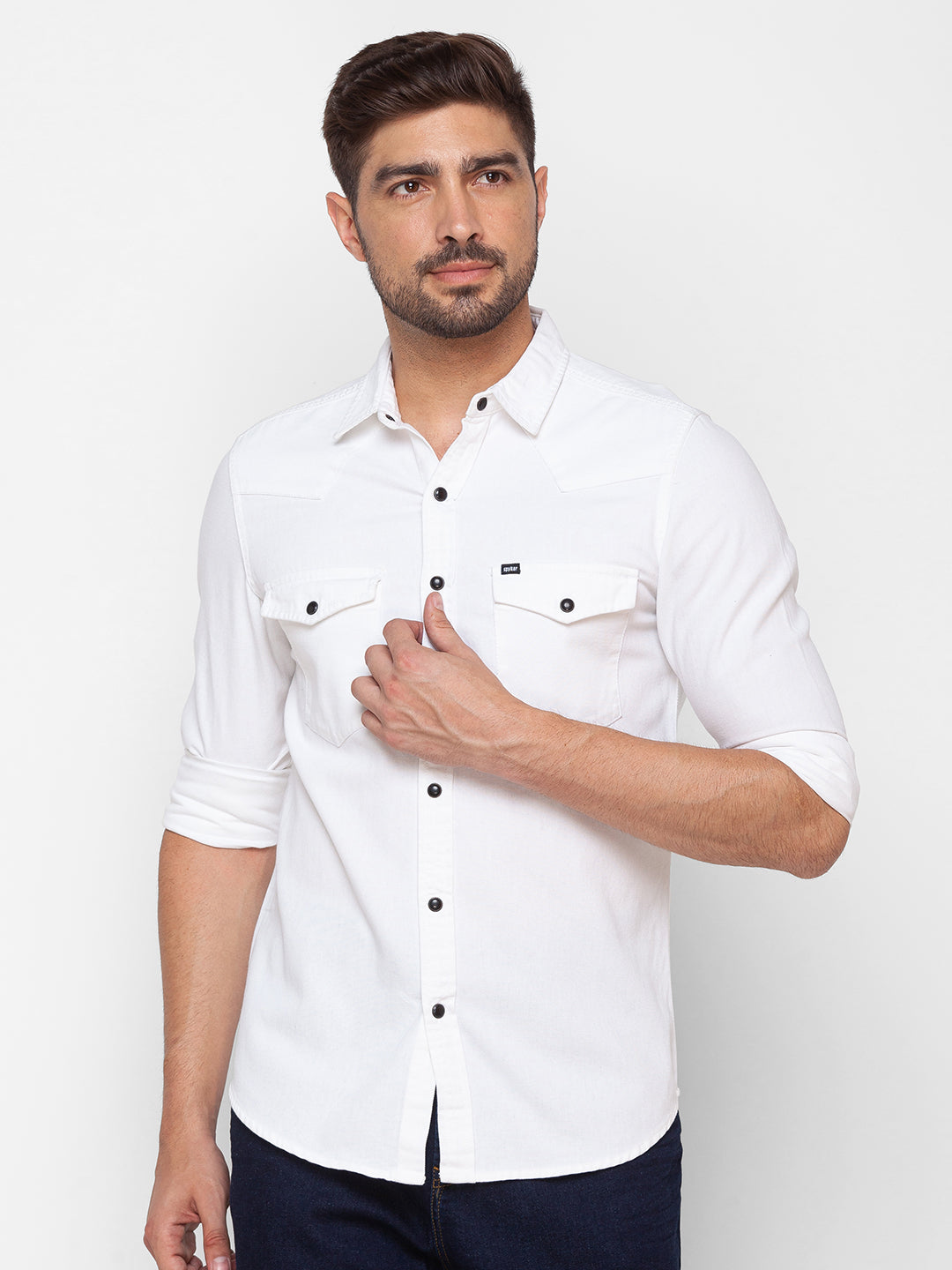 Spykar Pearl White Cotton Full Sleeve Denim Shirt For Men