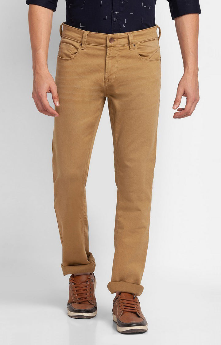 Buy Spykar Dark Khaki Cotton Comfort Fit Straight Length Jeans For