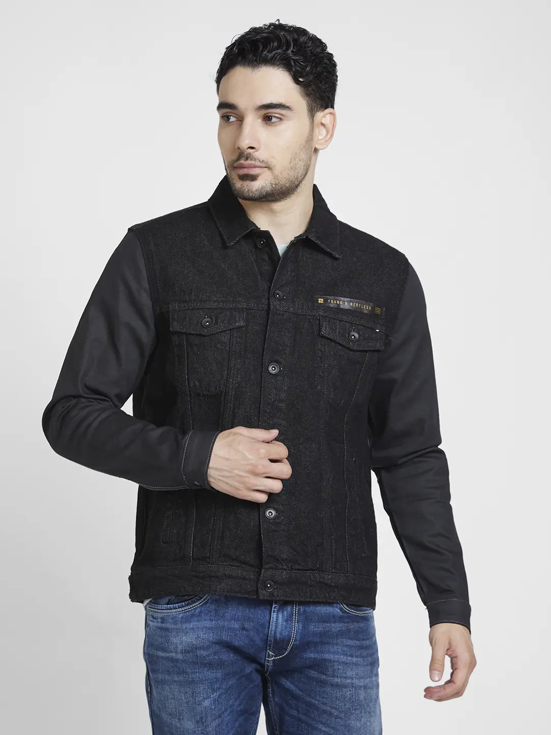 Spykar Men Black Cotton Regular Fit Denim Jacket