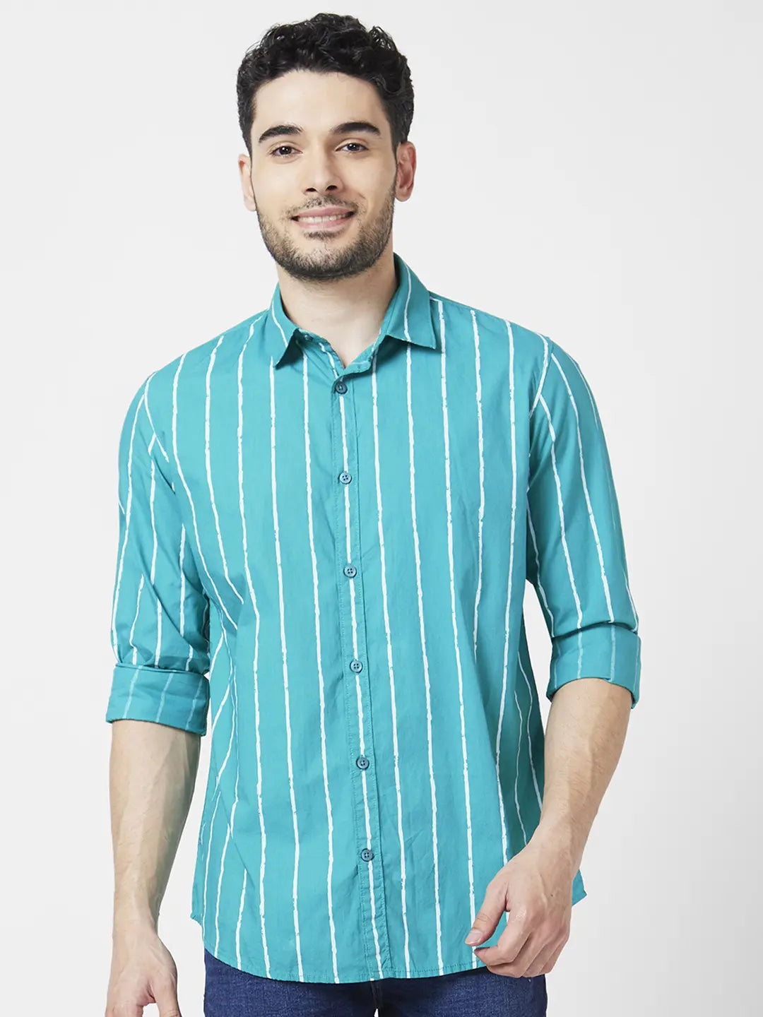 Spykar Men Teal Green Poplin Regular Slim Fit Full Sleeve Striped Shirt