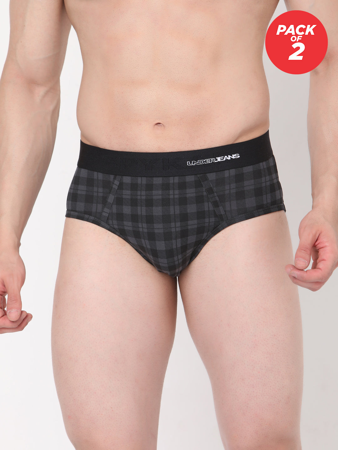 Men Premium Cotton Blend Black-Check Brief - (Pack Of 2)- Underjeans By Spykar